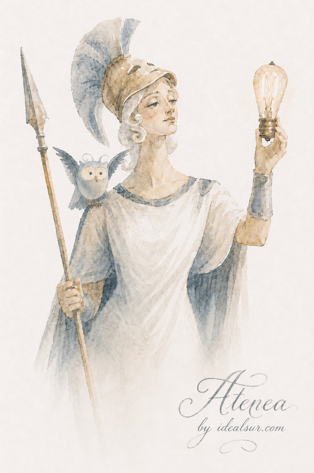 Ilustración de ATENEA con una lechuza, una lanza y una lámpara encendida